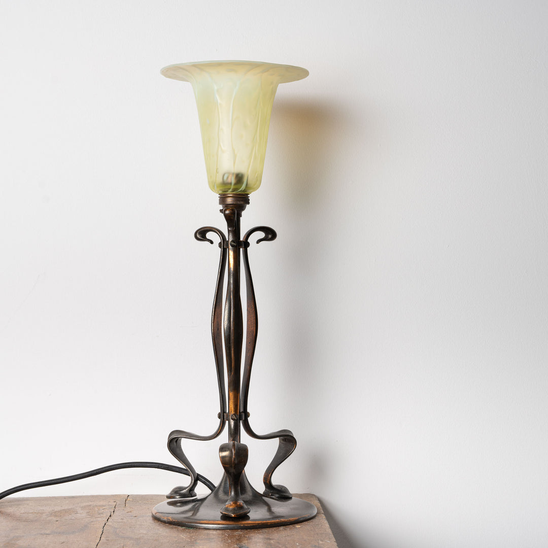 Antique Arts & Crafts Cast Copper Finish Lamp with Rare Straw Vaseline Bell Shade