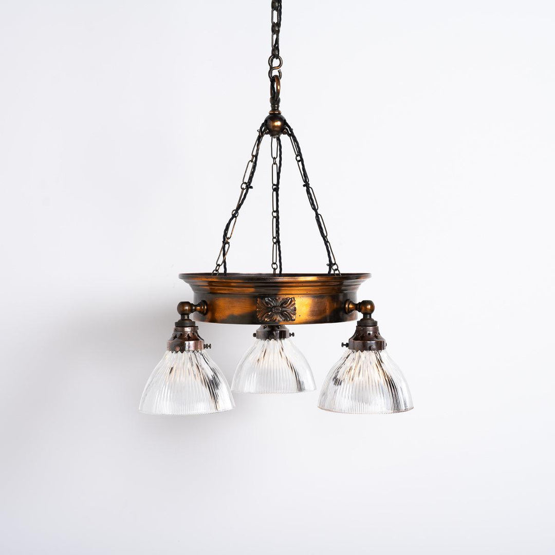 Antique Copper Ring Chandelier with Prismatic Holophane Glass Shades by GEC