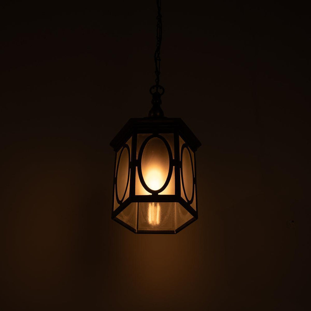 Antique Decorative Hexagonal Brass & Frosted Glass Hall Lantern by GEC