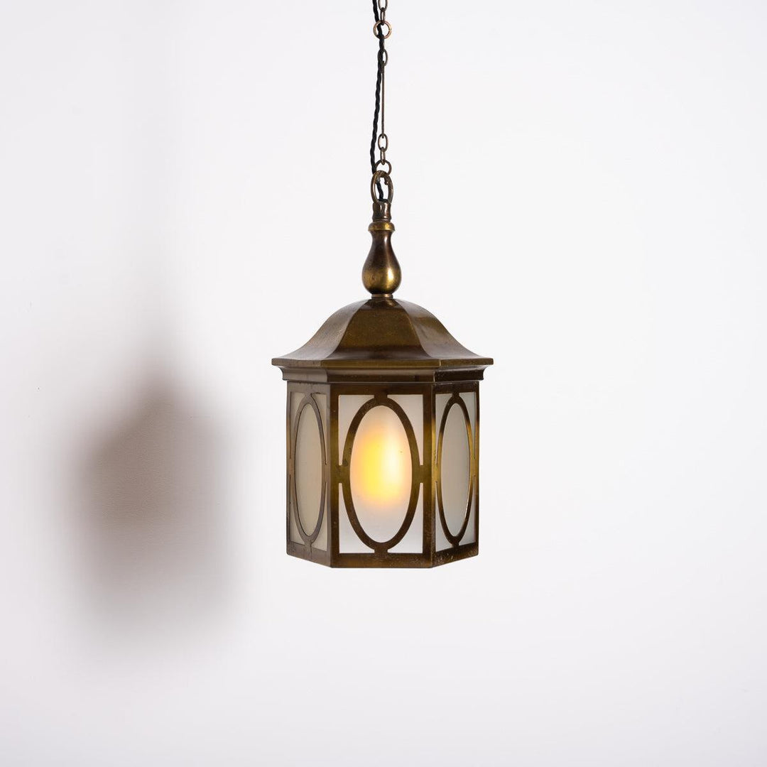Antique Decorative Hexagonal Brass & Frosted Glass Hall Lantern by GEC