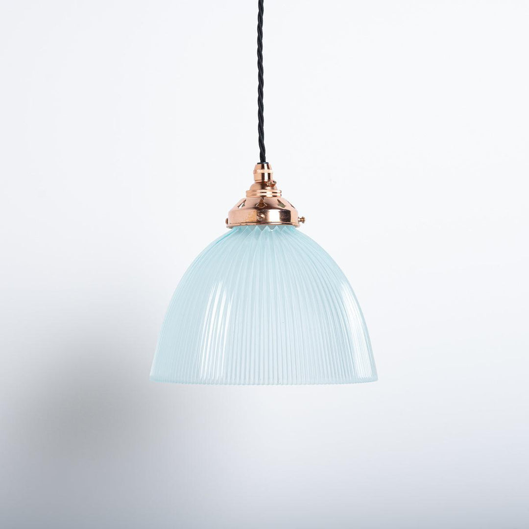 Antique Holophane E100 Blue Frosted Prismatic Glass & Copper Pendant Lights
