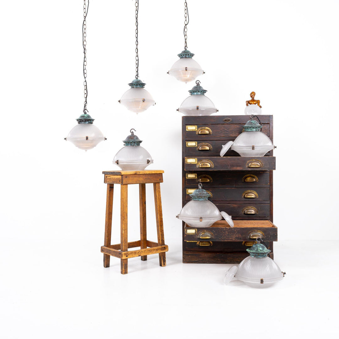 Antique Medium Three Part Holophane Church Pendant Lights