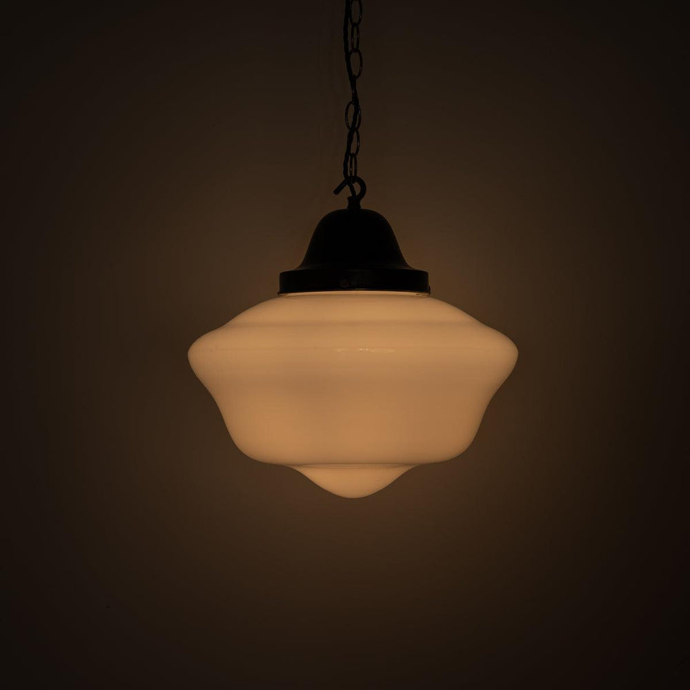 Antique Reclaimed Large Opaline Schoolhouse Pendant Lights by Sunco