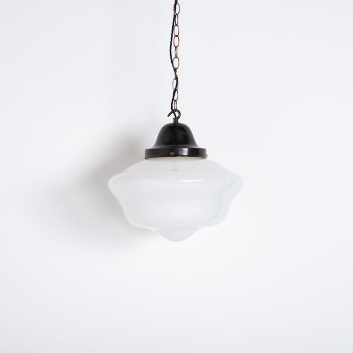 Antique Reclaimed Large Opaline Schoolhouse Pendant Lights by Sunco