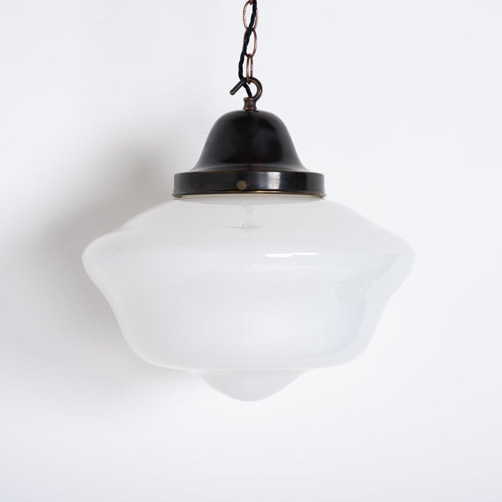 Antique Reclaimed Large Opaline Schoolhouse Pendant Lights by Sunco