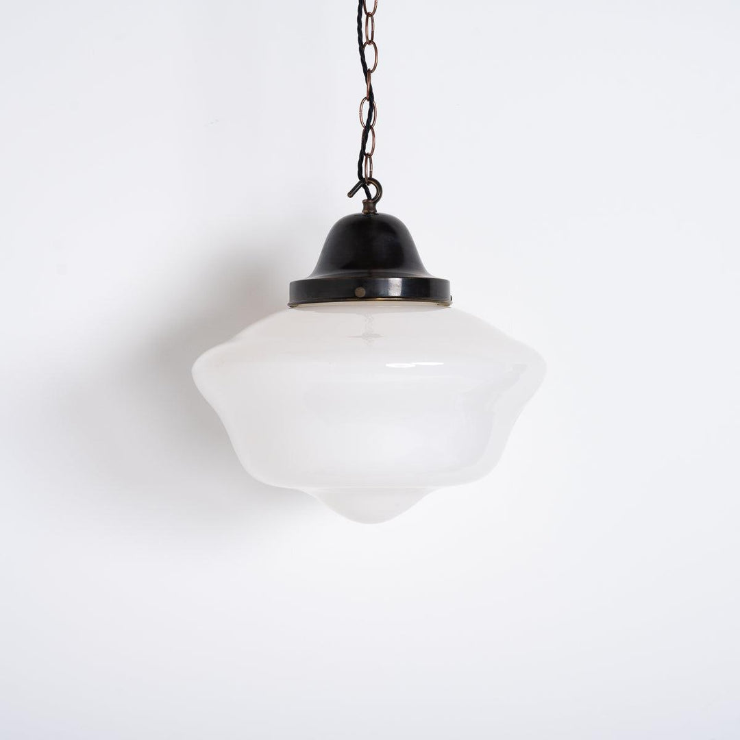 Antique Reclaimed Large Opaline Schoolhouse Pendant Lights by Sunco