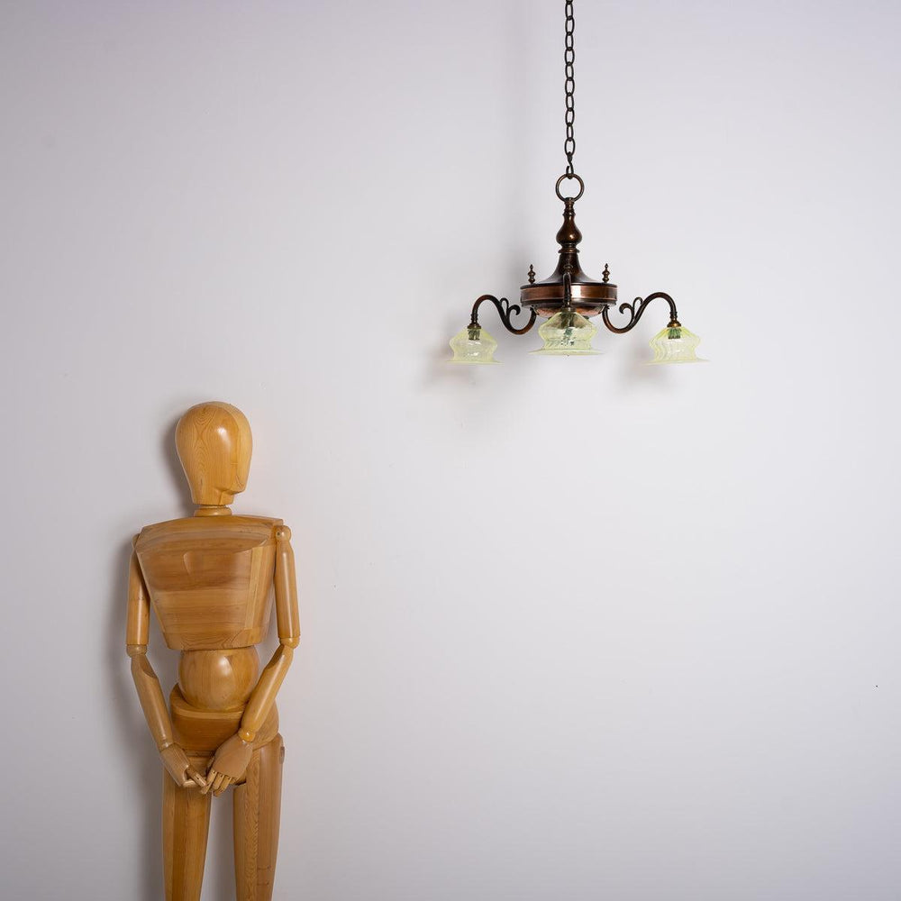 Art Nouveau Copper Three Branch Chandelier with Vaseline Glass Shades by GEC