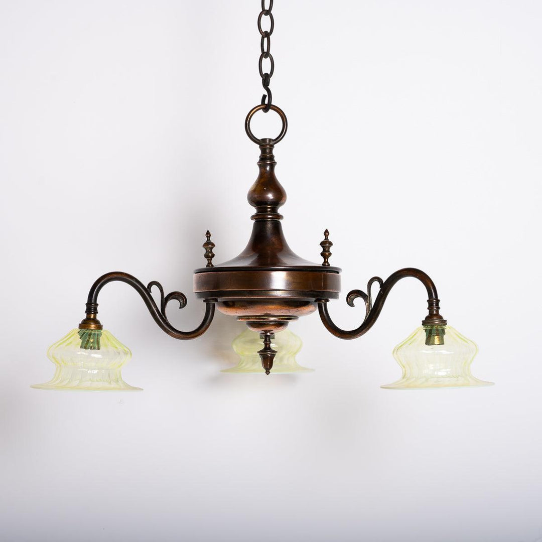 Art Nouveau Copper Three Branch Chandelier with Vaseline Glass Shades by GEC