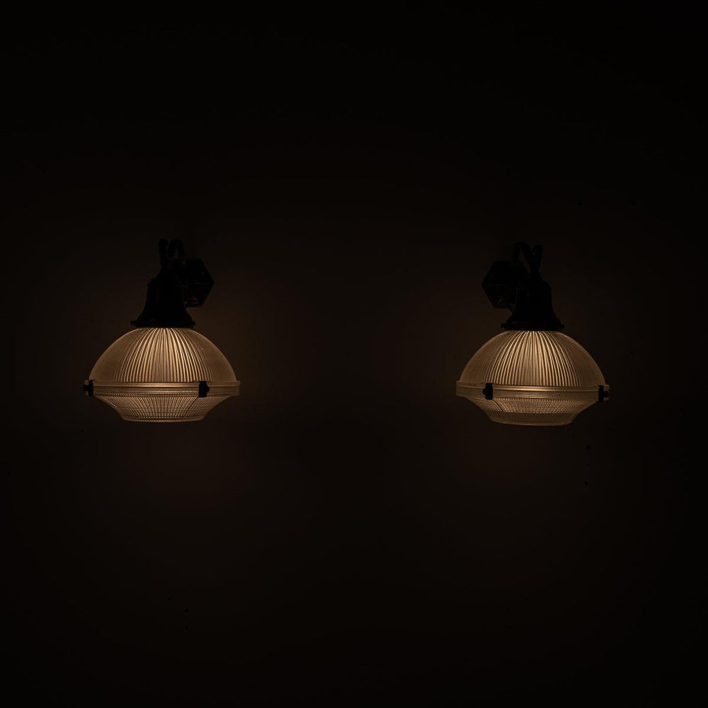 Attractive Pair of Holophane Wall Scones on Aged Brass Brackets