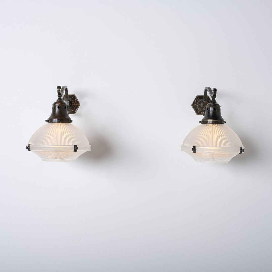 Attractive Pair of Holophane Wall Scones on Aged Brass Brackets