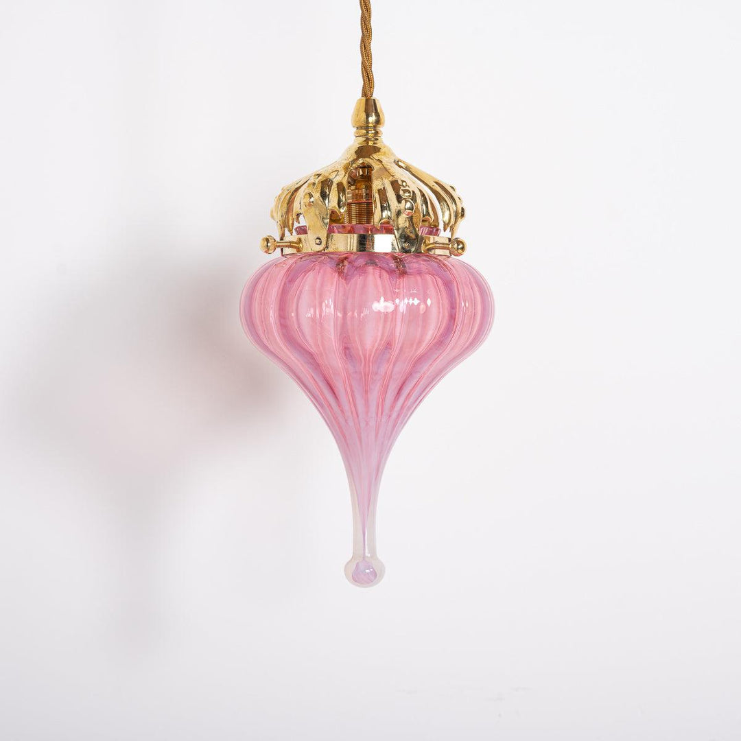 Cranberry Pink Vaseline Glass Drop Shade with Polished Brass Arts & Crafts Style Galleries