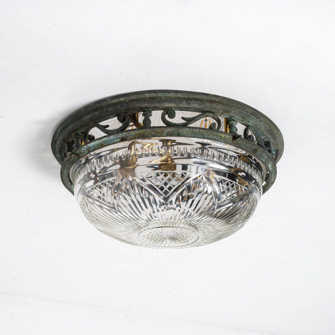 Decorative Open Panel Cast Bronze Flush to Ceiling Fitting with Exceptional Cut Crystal Bowl