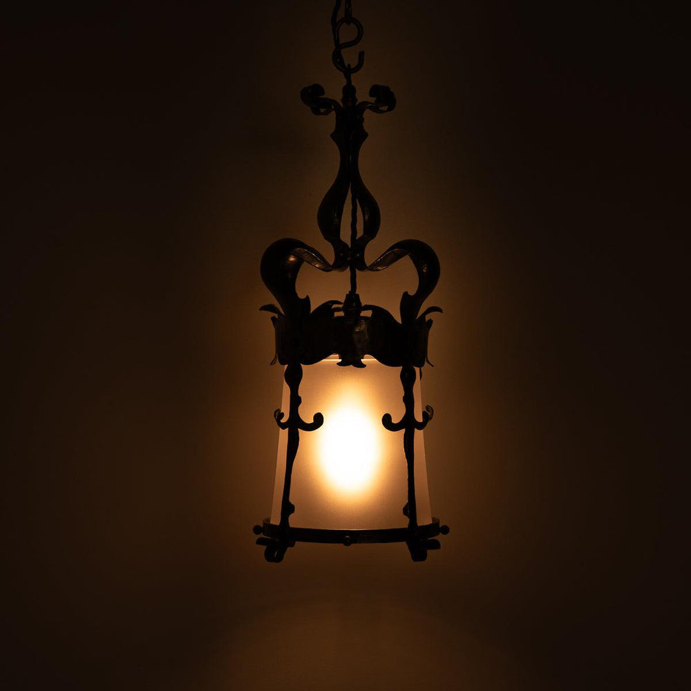 English Arts & Crafts Decorative Hall Lantern with Satin Glass Shade