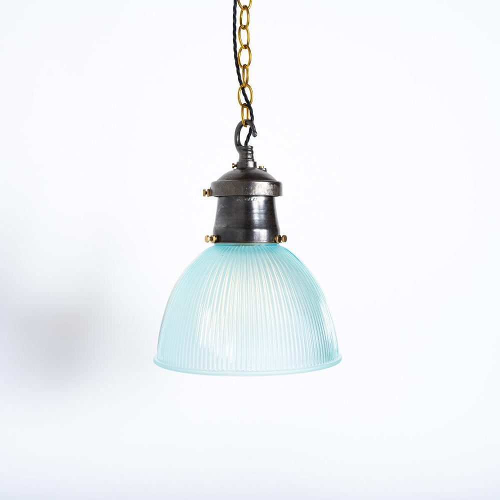 Industrial Blue Prismatic Glass & Cast Iron Pendant Lights by Holophane