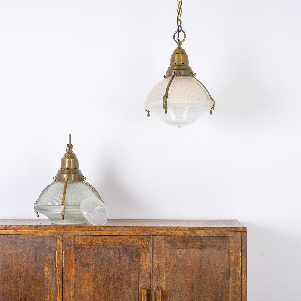 Large Antique Holophane Brass Caged Three Part Pendant Lights