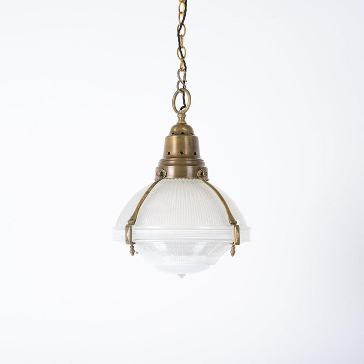 Large Antique Holophane Brass Caged Three Part Pendant Lights