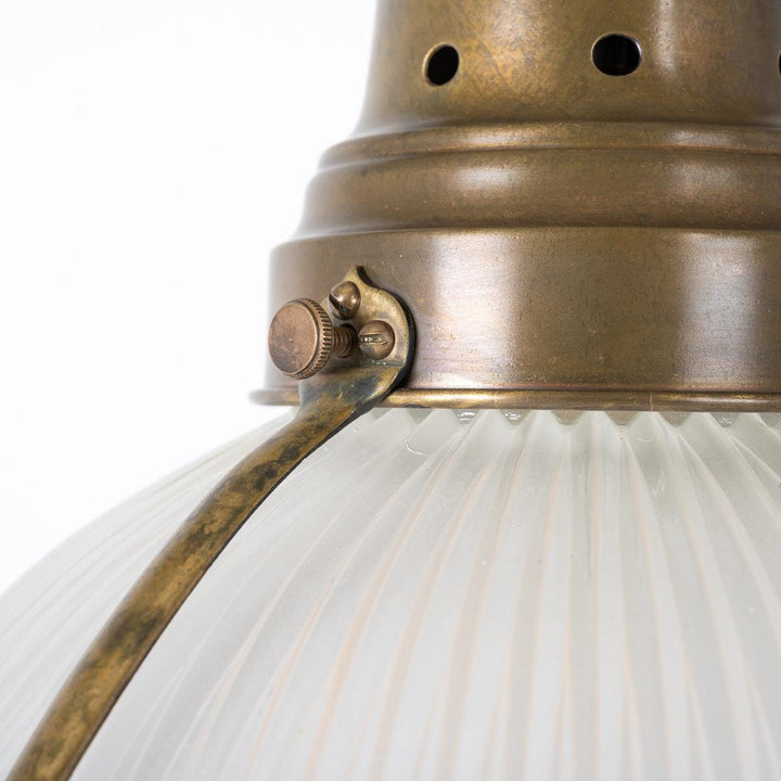 Large Antique Holophane Brass Caged Three Part Pendant Lights