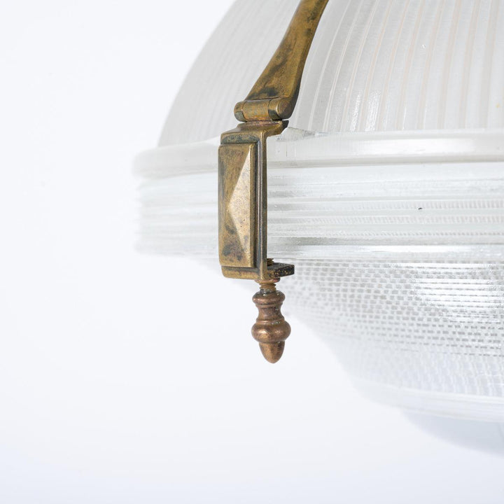 Large Antique Holophane Brass Caged Three Part Pendant Lights