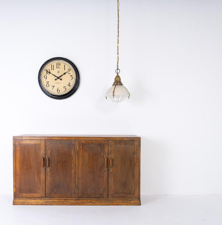 Large Antique Holophane Brass Caged Three Part Pendant Lights