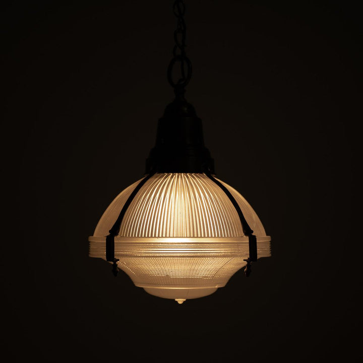 Large Antique Holophane Brass Caged Three Part Pendant Lights