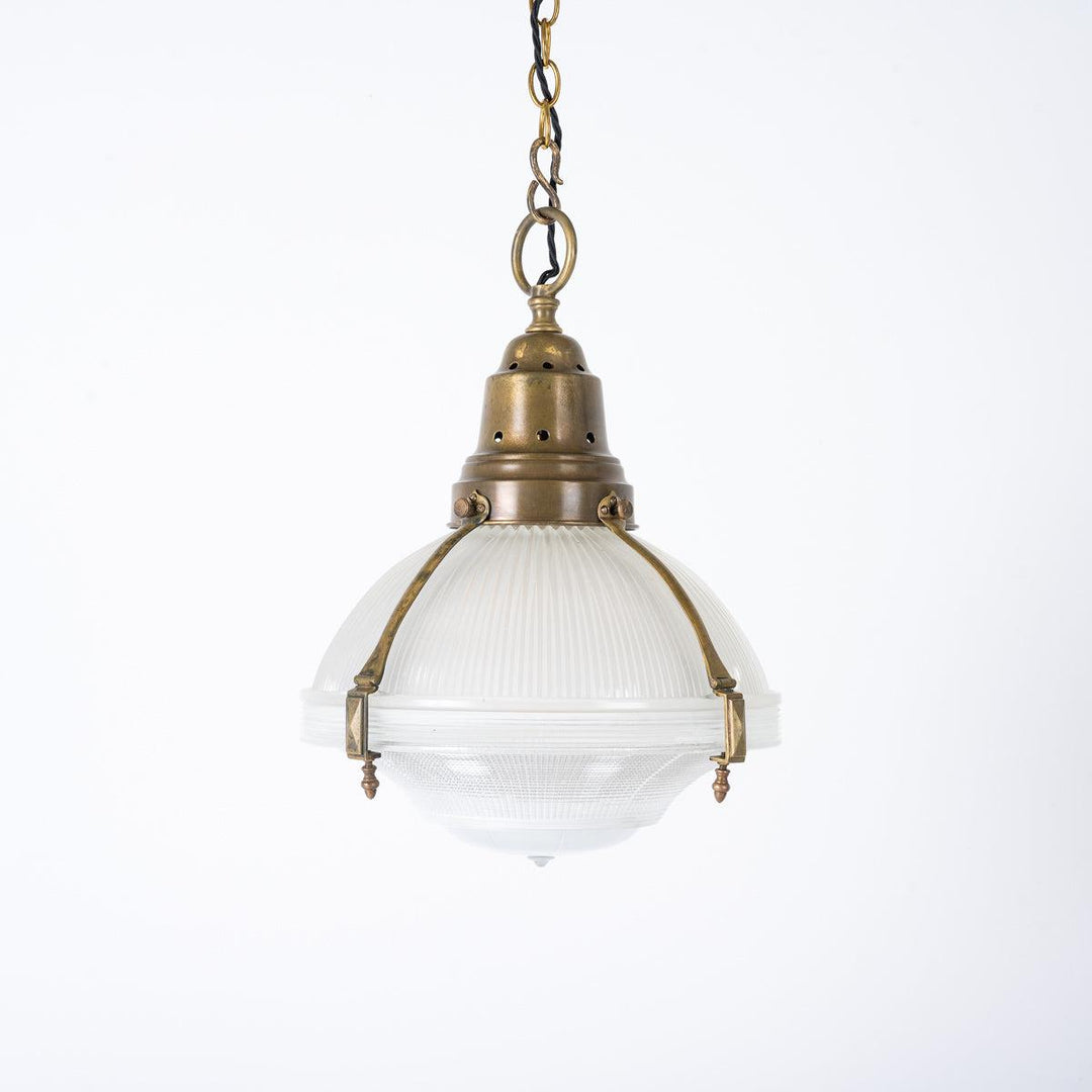 Large Antique Holophane Brass Caged Three Part Pendant Lights