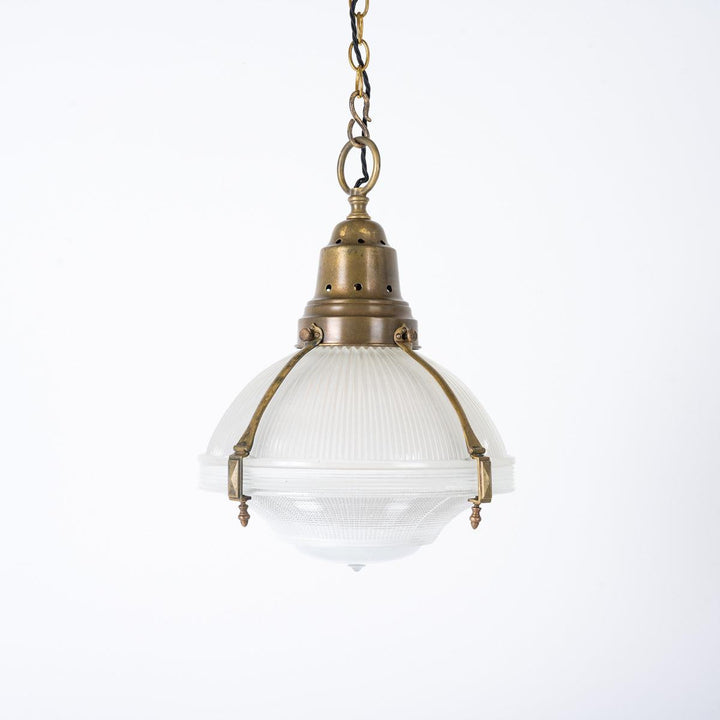Large Antique Holophane Brass Caged Three Part Pendant Lights