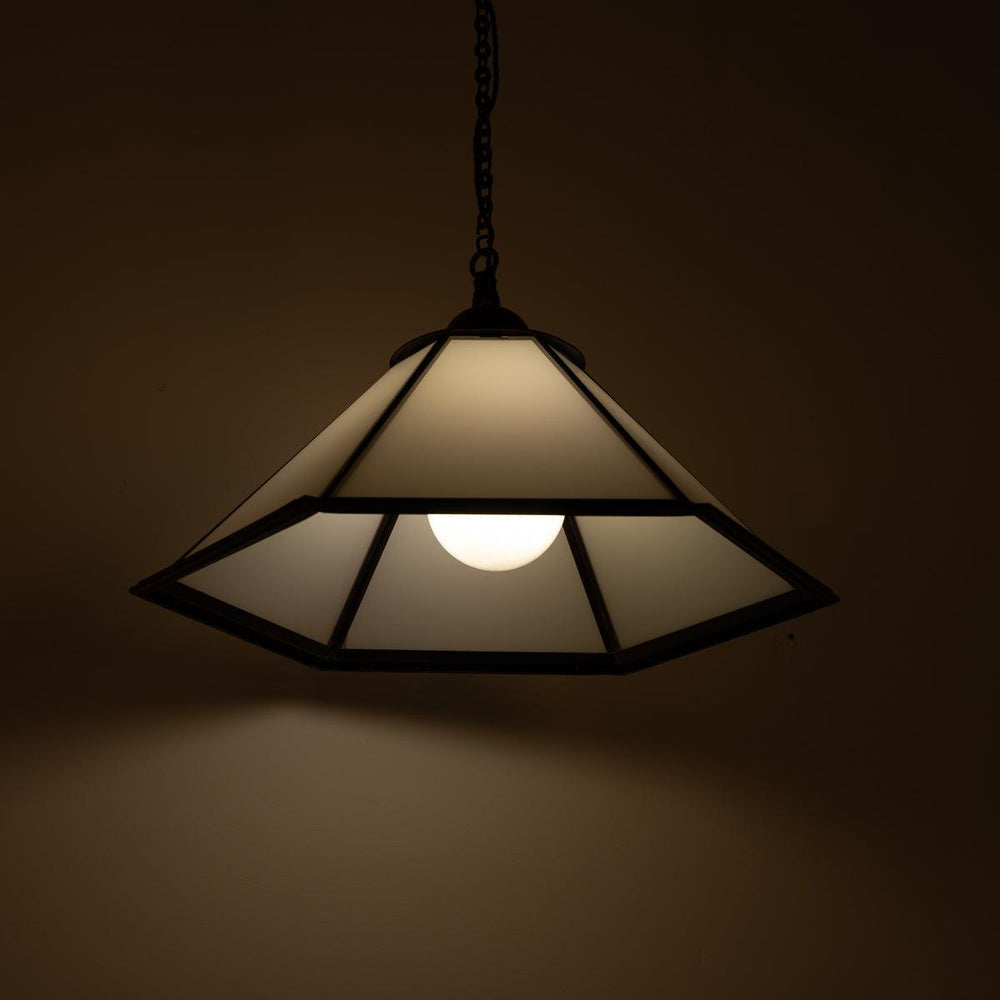 Large Hexagonal Copper & Opal Glass Pendant Light Reclaimed from The London Underground