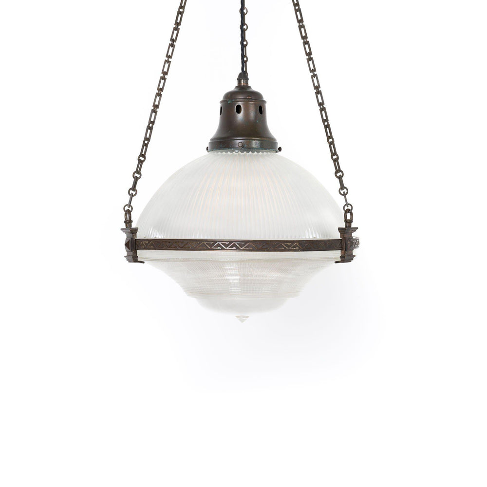 Large Prismatic Glass Three Part Holophane Chandelier