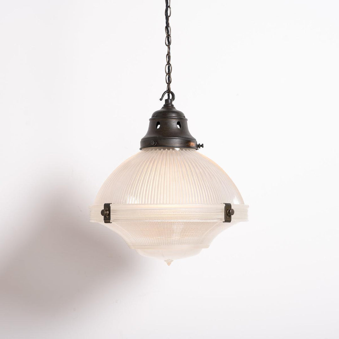 Large Vintage Holophane Prismatic Glass Three Part Chapel Pendant Lights