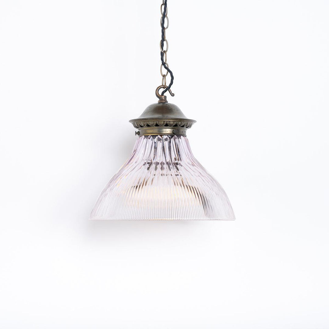 Pair of Antique Rare Lilac Holophane Glass Pendant Lights with Brass Galleries