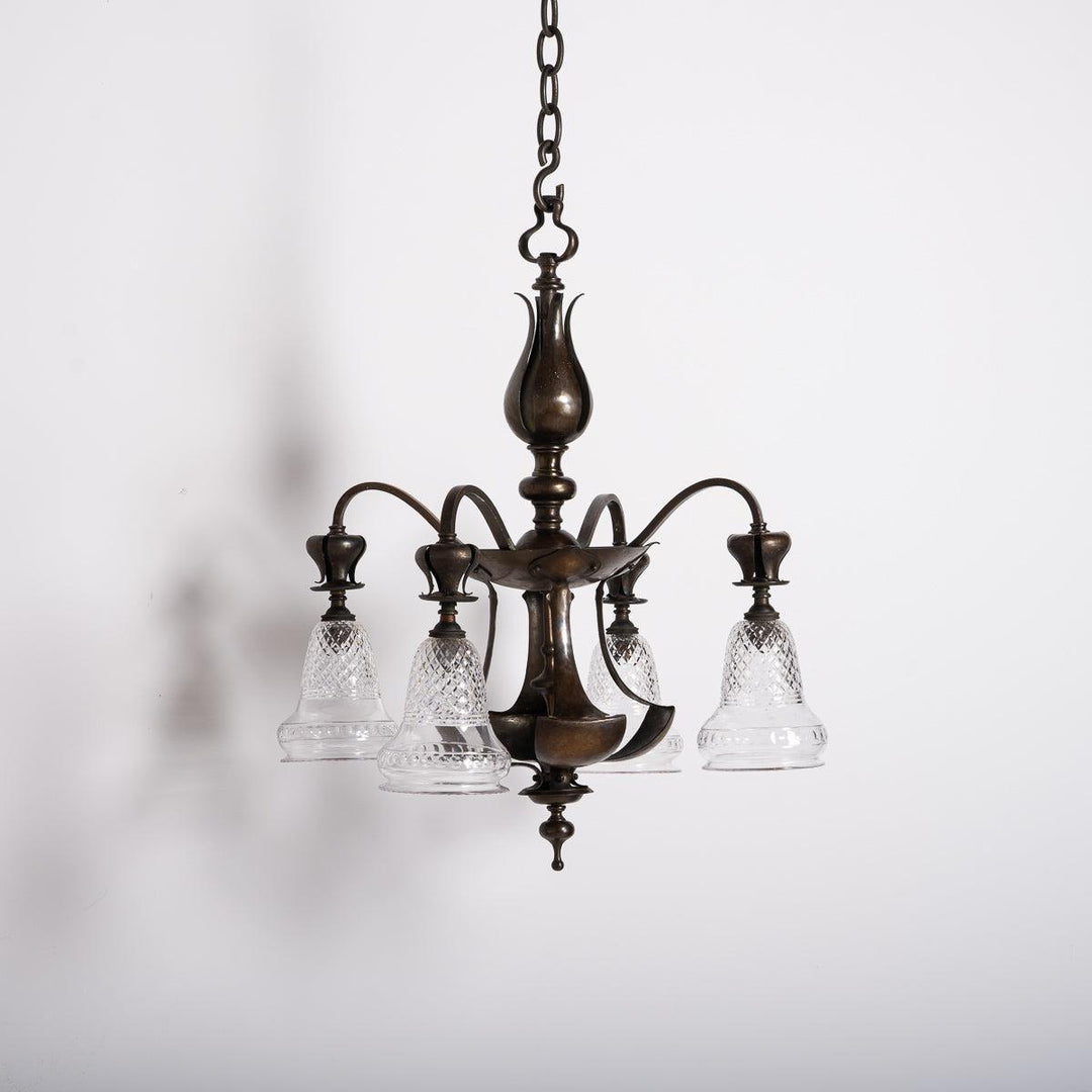 Rare Aged Brass Four Arm Arts & Crafts Chandelier with Crystal Shades by Osler
