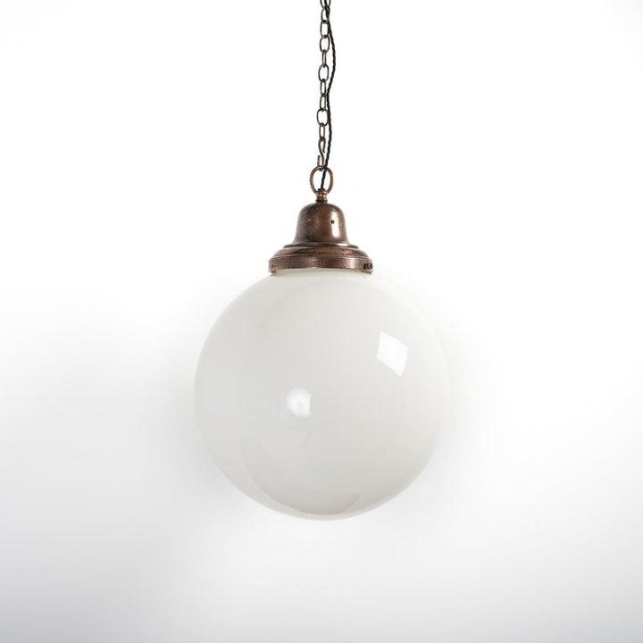 Rare Large Antique Opaline Globe Pendant Light with Cast Copper Gallery