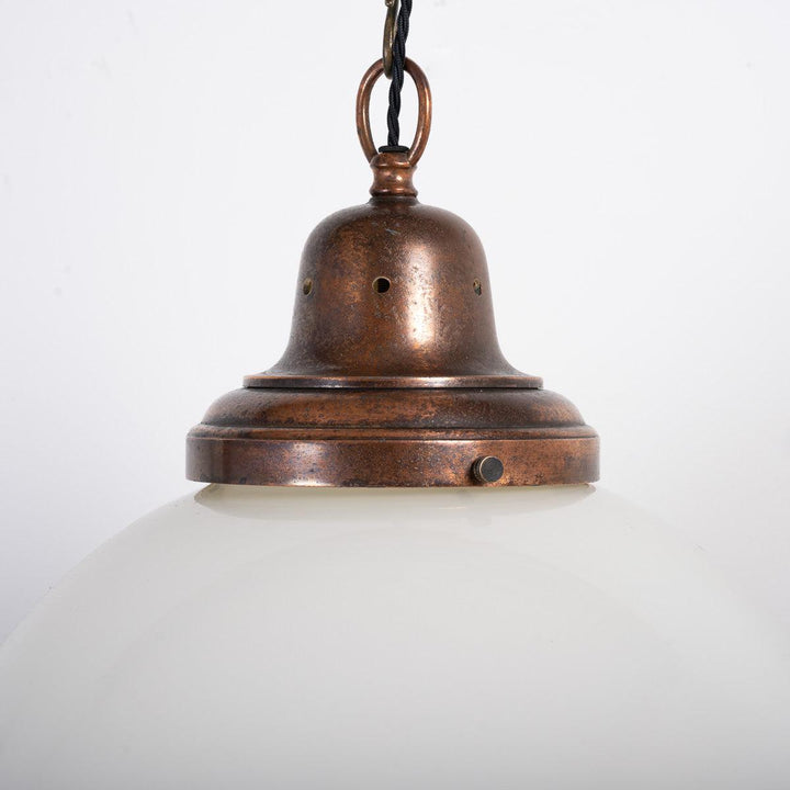 Rare Large Antique Opaline Globe Pendant Light with Cast Copper Gallery