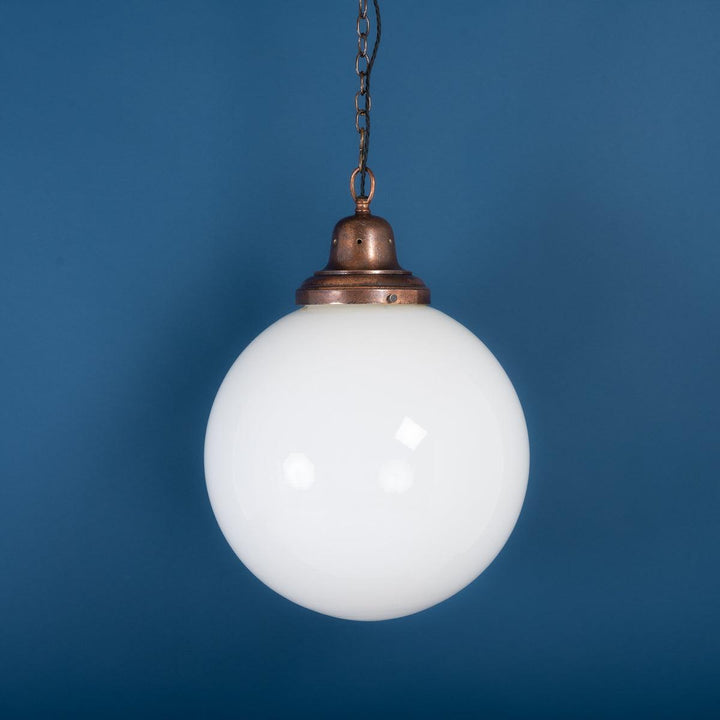 Rare Large Antique Opaline Globe Pendant Light with Cast Copper Gallery