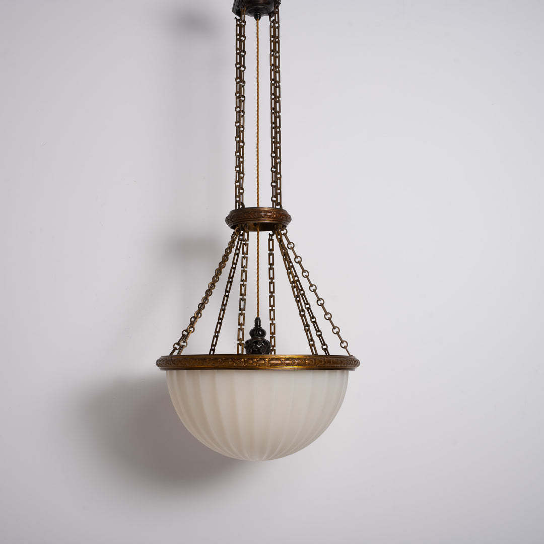 Rare Monumental 20 inch Jefferson Moonstone Pendant Light with Exceptional Cast Brass Fittings
