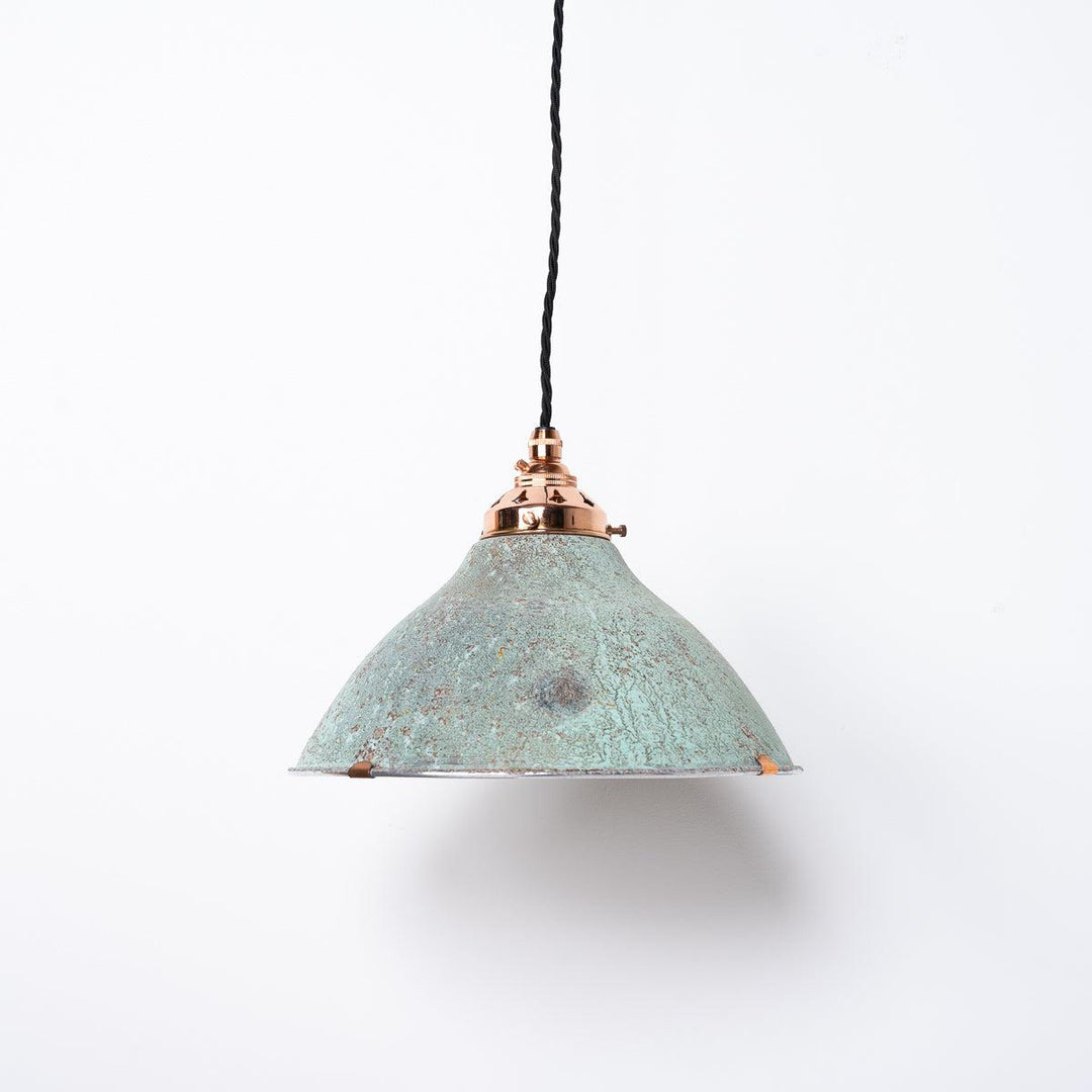 Reclaimed Holophane Verdigris Pendant Lights with Copper Fittings