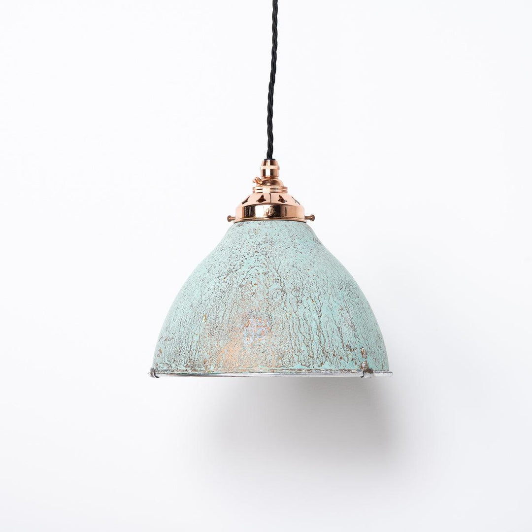 Reclaimed Industrial Holophane Verdigris Coppered Spun Aluminium Pendant Lights