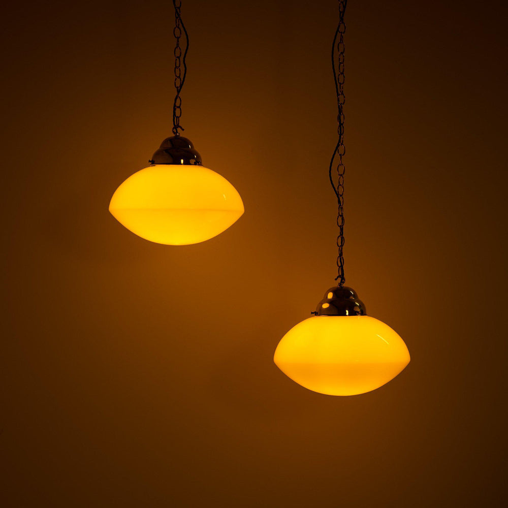 Reclaimed Large Ovaloid Opaline Factory Pendant Lights