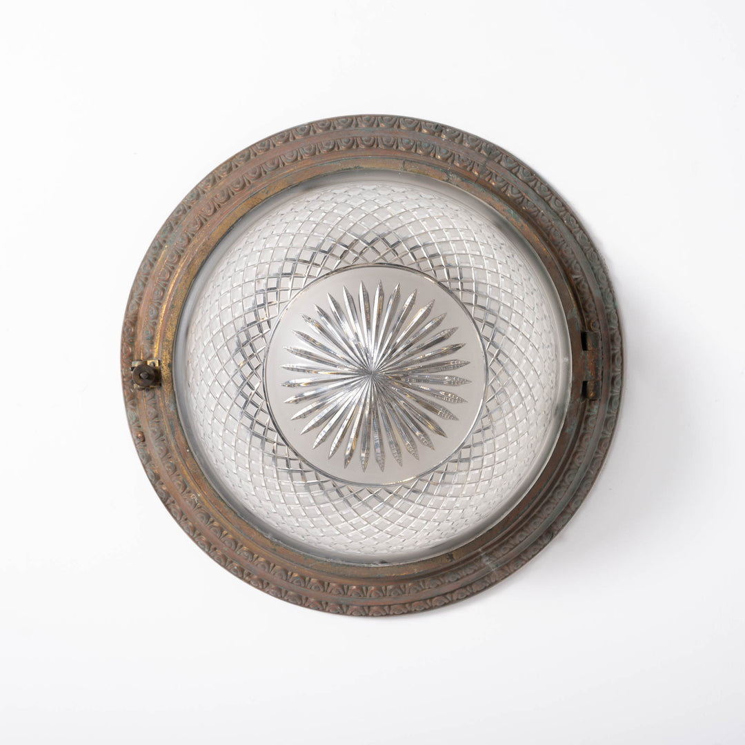 Scarce Pair of Large Scale Cast Brass Flush to Ceiling Light Fittings with Crystal Glass Bowls