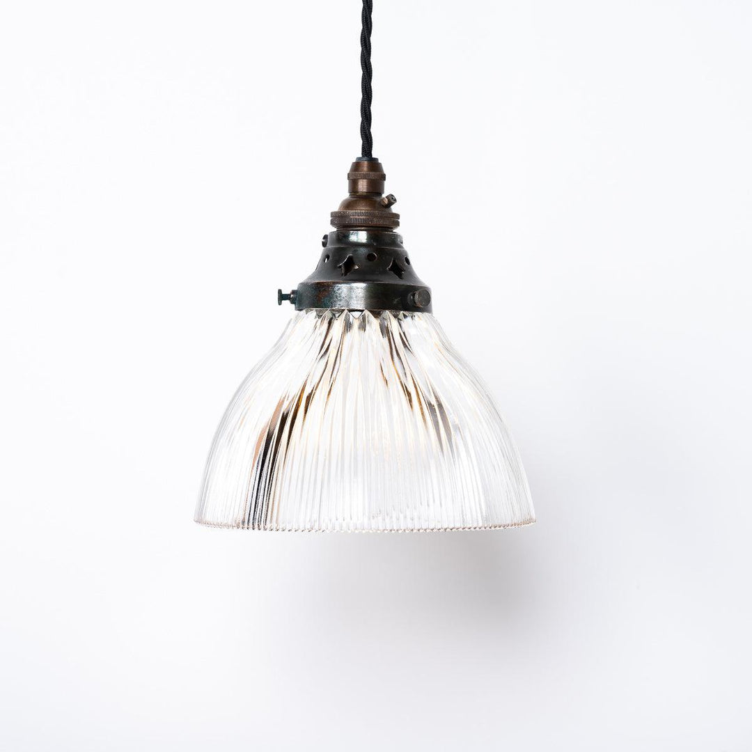 Set of Three Small Antique Chapel Glass & Brass Pendant Lights by Holophane