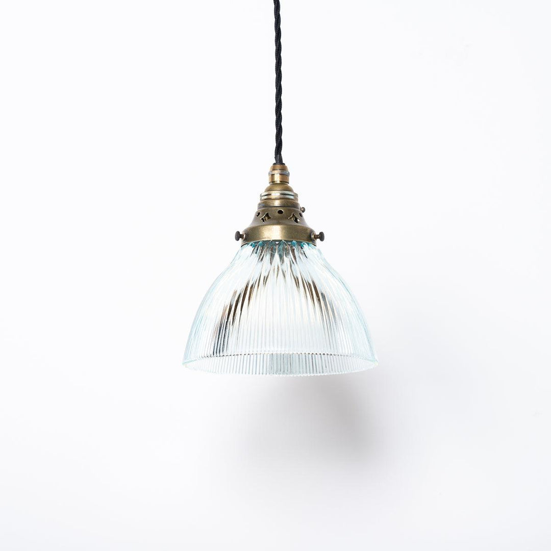 Small Antique Holophane Blue Prismatic Glass Pendant Light