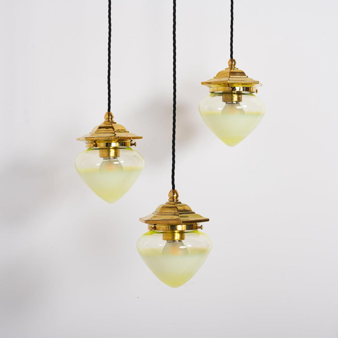 Vintage Hexagonal Polished Brass Pendant Lights with Vaseline Glass Shades