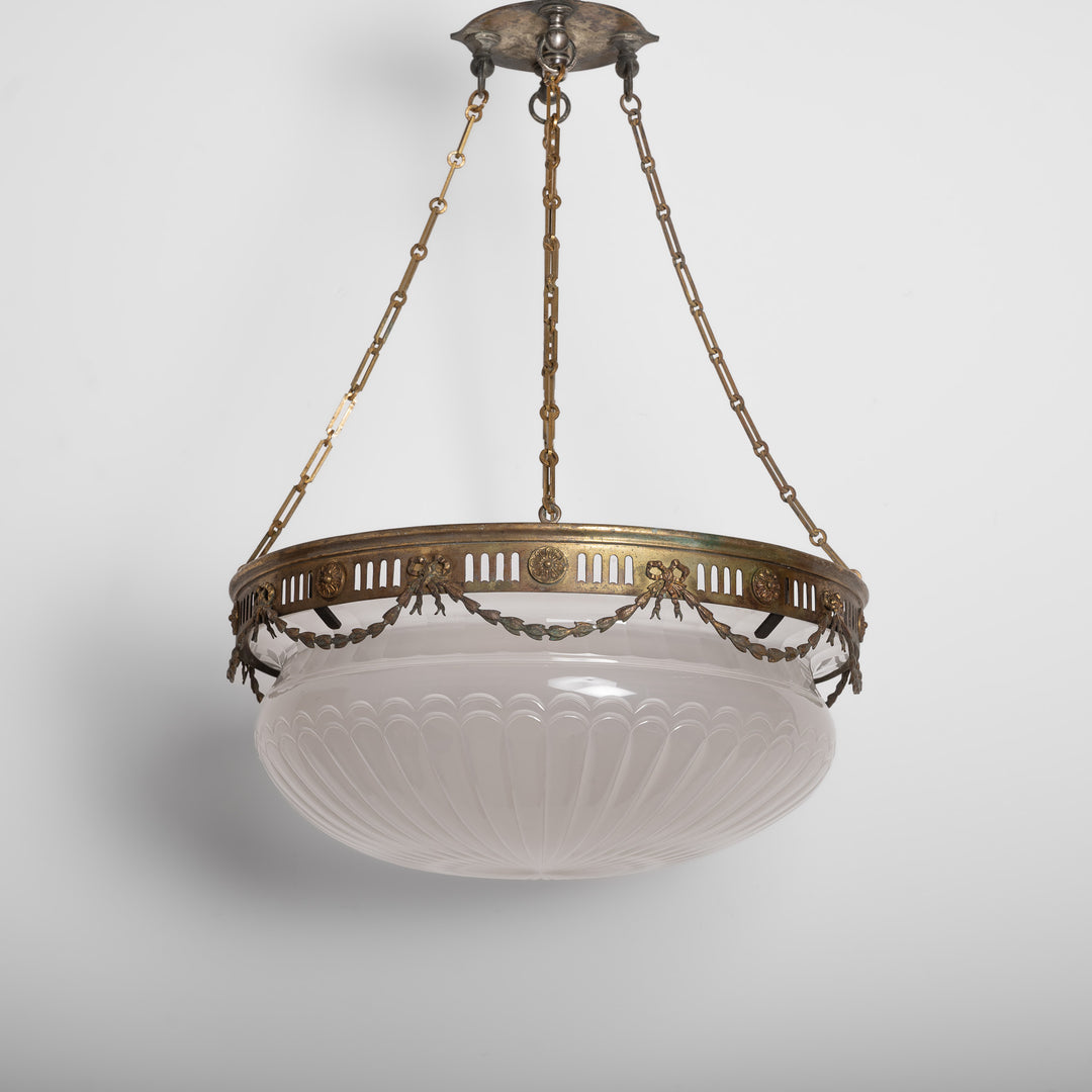 Monumental F. & C. Osler Satin Cut Crystal Plafonnier with Gilt Bronze Gallery and Classical Festoon Decoration