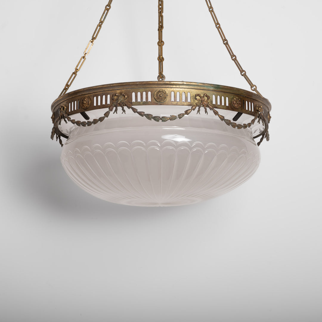 Monumental F. & C. Osler Satin Cut Crystal Plafonnier with Gilt Bronze Gallery and Classical Festoon Decoration