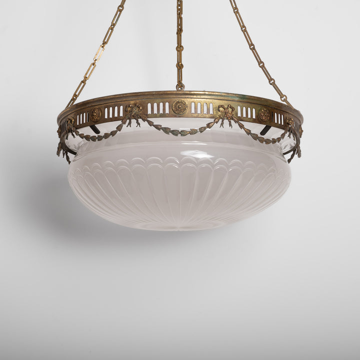 Monumental F. & C. Osler Satin Cut Crystal Plafonnier with Gilt Bronze Gallery and Classical Festoon Decoration