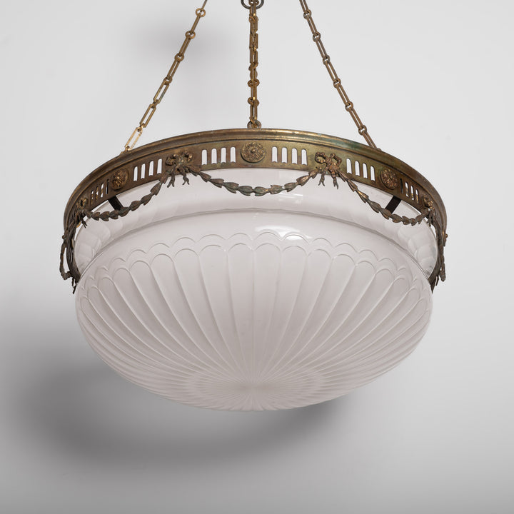 Monumental F. & C. Osler Satin Cut Crystal Plafonnier with Gilt Bronze Gallery and Classical Festoon Decoration