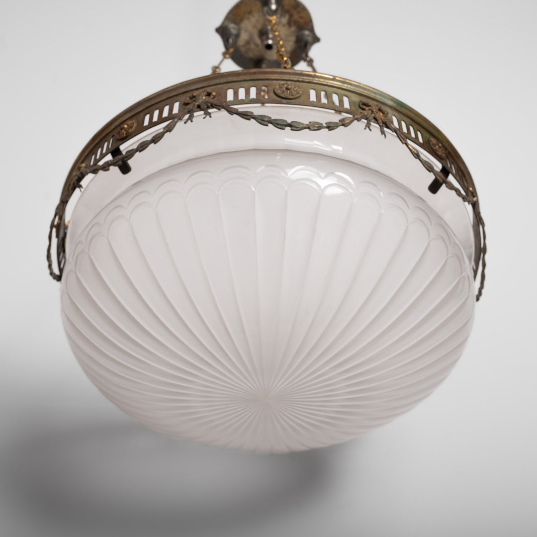 Monumental F. & C. Osler Satin Cut Crystal Plafonnier with Gilt Bronze Gallery and Classical Festoon Decoration