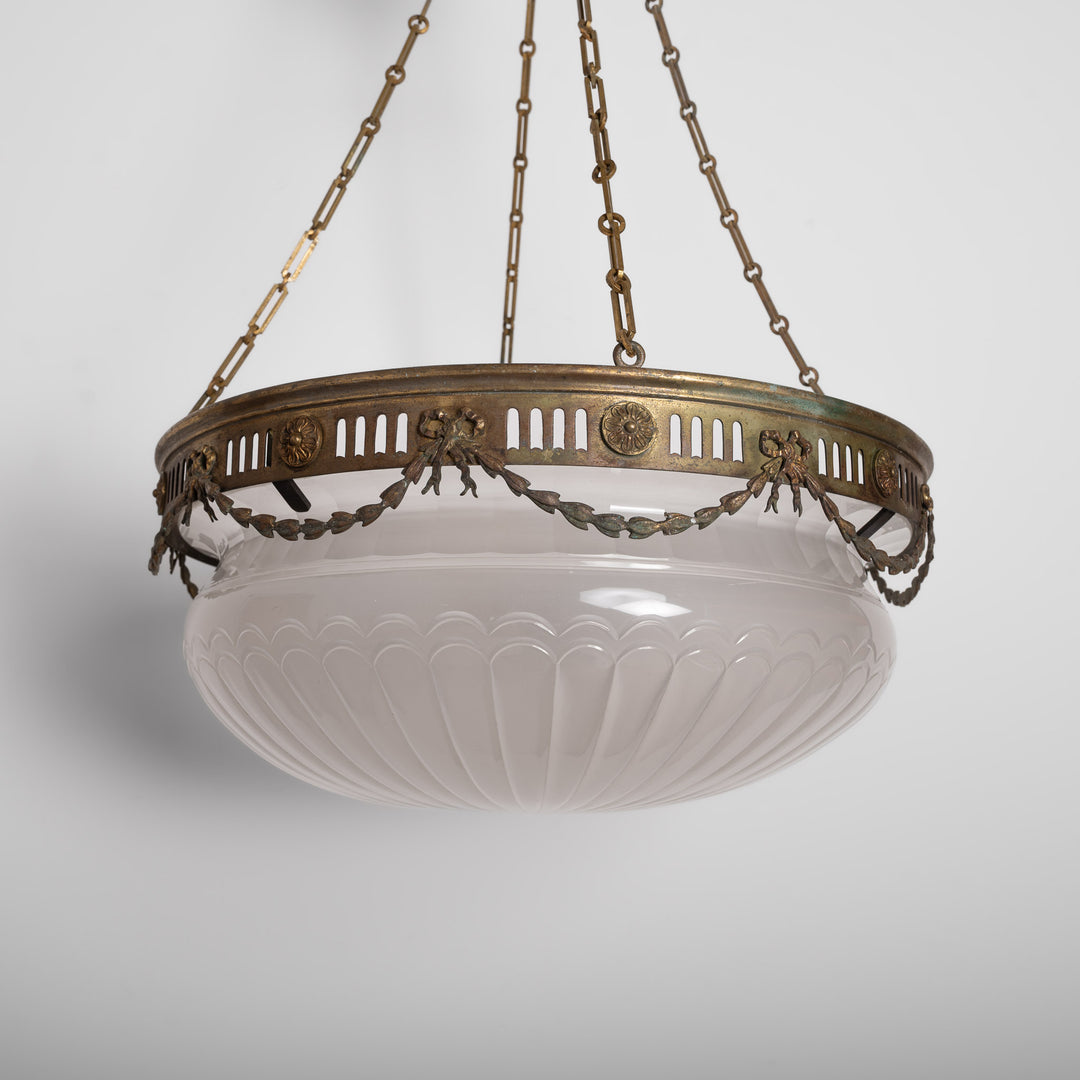Monumental F. & C. Osler Satin Cut Crystal Plafonnier with Gilt Bronze Gallery and Classical Festoon Decoration