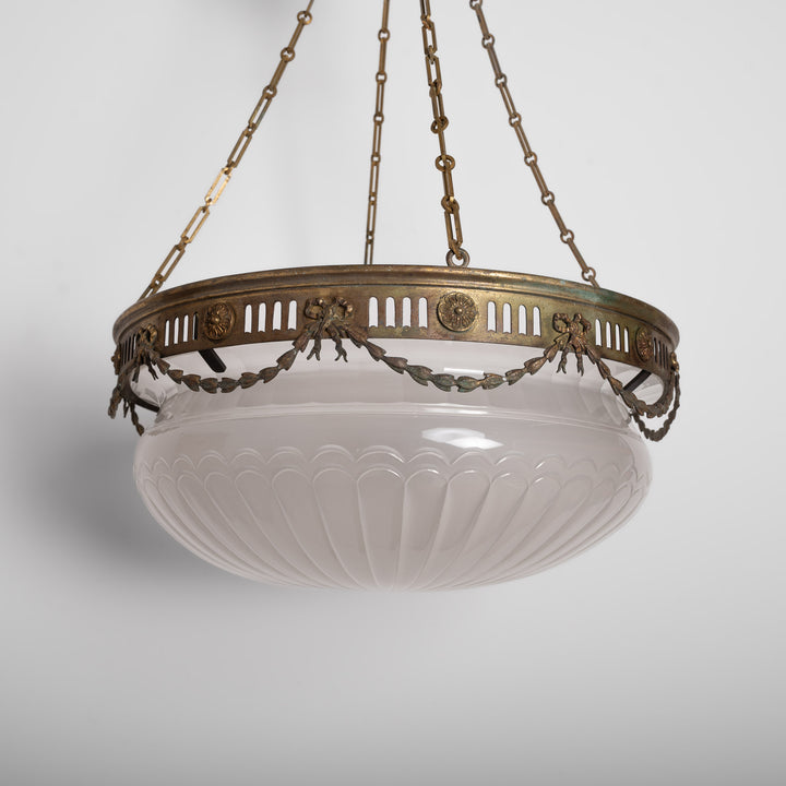 Monumental F. & C. Osler Satin Cut Crystal Plafonnier with Gilt Bronze Gallery and Classical Festoon Decoration