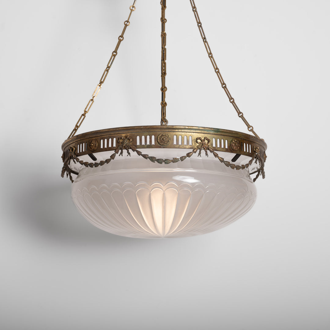 Monumental F. & C. Osler Satin Cut Crystal Plafonnier with Gilt Bronze Gallery and Classical Festoon Decoration